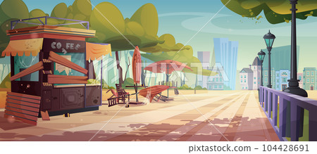 Abandoned outdoor street cafe on city square park Abandoned outdoor street cafe on city square park 104428691