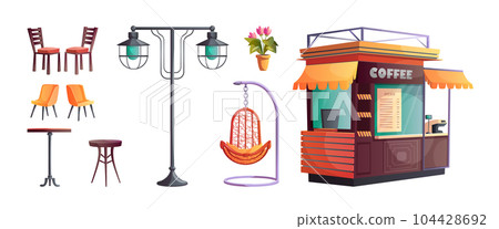 Outdoor city street cafe table cartoon vector set 104428692