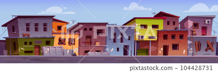 Poor ghetto city street district with slum house 104428731