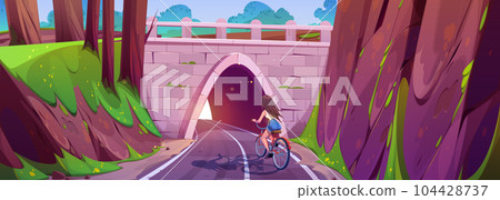 Girl ride bicycle on tunnel entrance road cartoon 104428737