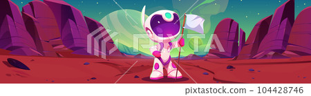 Space mars planet with cosmonaut and white flag 104428746