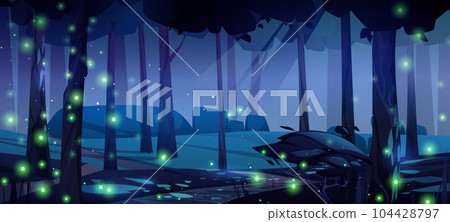 Night forest background with green fireflies 104428797