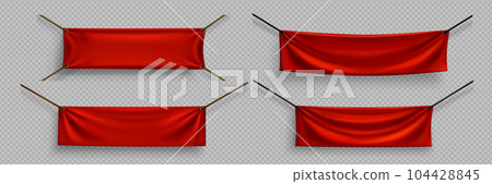 Blank red canvas banners hanging on ropes Blank red canvas banners hanging on ropes 104428845