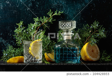 Cocktail gin-tonic with ice, lemon, and rosemary in a frozen glass. Cocktail gin-tonic with ice, lemon, and rosemary in a frozen glass. 104428933