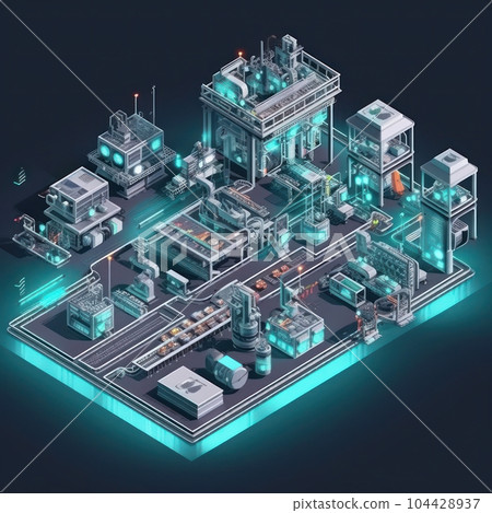3D project of futuristic workshop with automated assembly lines. Complete replacement of manual labor by mechanisms and robots. Industrial technology and smart futuristic factory concept. 3D rendering 3D project of futuristic workshop with automated assembly lines. Complete replacement of manual labor by mechanisms and robots. Industrial technology and smart futuristic factory concept. 3D rendering 104428937