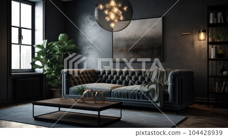 Interior of cozy vintage living room in a luxury apartment. Stylish sofa, coffee table, plant in a pot, carpet on the floor, poster on the wall, trendy pendant lamp, home decor. Mockup, 3D rendering. Interior of cozy vintage living room in a luxury apartment. Stylish sofa, coffee table, plant in a pot, carpet on the floor, poster on the wall, trendy pendant lamp, home decor. Mockup, 3D rendering. 104428939