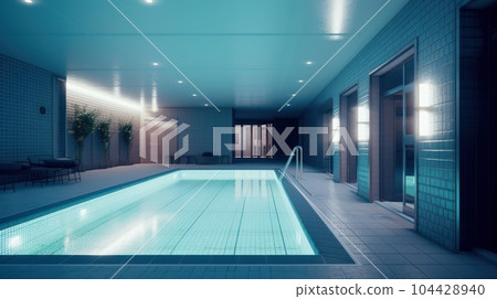 Indoor swimming pool in modern luxury building. Tiled walls with decorative lighting, white tiled floor, glass doors, deck chairs, plants in hanging pots. 3D rendering. Indoor swimming pool in modern luxury building. Tiled walls with decorative lighting, white tiled floor, glass doors, deck chairs, plants in hanging pots. 3D rendering. 104428940