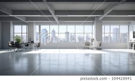 Room for open space in high-tech loft style. Floor to ceiling windows with stunning city views. Concrete walls and floor. The empty space is ready to accommodate a modern office. Mock up, 3D rendering Room for open space in high-tech loft style. Floor to ceiling windows with stunning city views. Concrete walls and floor. The empty space is ready to accommodate a modern office. Mock up, 3D rendering 104428941