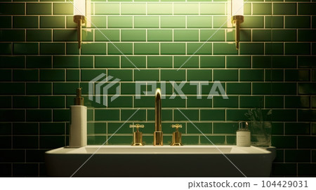 Fragment of a stylish classic luxury bathroom. Green tiled walls brick imitation, countertop sink, gold color old fashioned faucet, wall lamps. 3D rendering. Fragment of a stylish classic luxury bathroom. Green tiled walls brick imitation, countertop sink, gold color old fashioned faucet, wall lamps. 3D rendering. 104429031