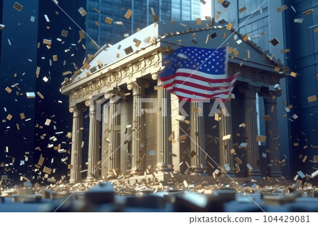 The American bank building collapsing. Bankruptcy of a financial institution. Bricks crumbling, stocks and bonds flying apart, american flag down. Economic crisis. Mockup, 3D rendering. 104429081