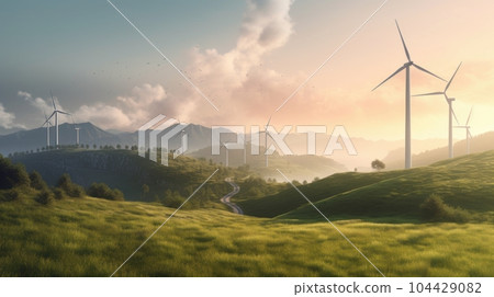 Wind turbines on the green hills against the colorful sunset sky. Production of renewable green energy. Sustainable development concept. Mockup, 3D rendering. 104429082