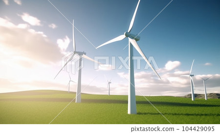 Wind turbines on the green field against the blue sky. Production of renewable green energy. Sustainable development concept. Mock up, 3D rendering. 104429095