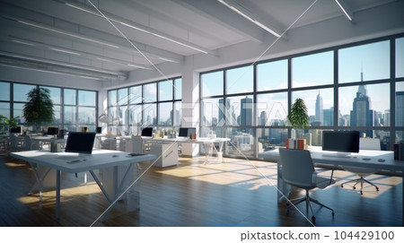 Hi-tech style open space office in a modern urban building. Large tables with chairs, desktop computers, plants in pots, panoramic windows with city view. Comfortable working environment. Hi-tech style open space office in a modern urban building. Large tables with chairs, desktop computers, plants in pots, panoramic windows with city view. Comfortable working environment. 104429100