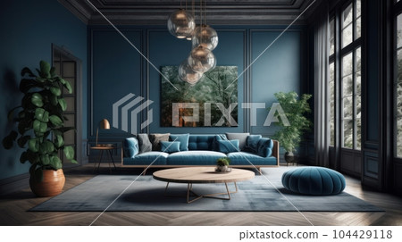 Cozy living room in blue and gray tones. Stylish sofa and ottoman, round coffee table, carpet on wooden floor, plants in pots, poster on the wall, panoramic windows with garden view. 3D rendering. Cozy living room in blue and gray tones. Stylish sofa and ottoman, round coffee table, carpet on wooden floor, plants in pots, poster on the wall, panoramic windows with garden view. 3D rendering. 104429118