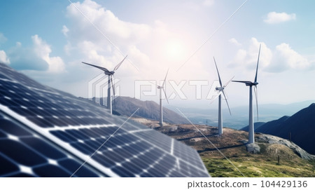 Solar energy panels photovoltaic cells and wind turbines with backdrop of nature landscape, mountains and blue sky. Production of renewable green energy. Sustainable development concept. 3D rendering. Solar energy panels photovoltaic cells and wind turbines with backdrop of nature landscape, mountains and blue sky. Production of renewable green energy. Sustainable development concept. 3D rendering. 104429136