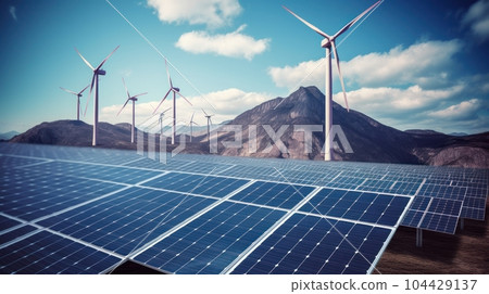 Solar energy panels photovoltaic cells and wind turbines with backdrop of nature landscape, mountains and blue sky. Production of renewable green energy. Sustainable development concept. 3D rendering. Solar energy panels photovoltaic cells and wind turbines with backdrop of nature landscape, mountains and blue sky. Production of renewable green energy. Sustainable development concept. 3D rendering. 104429137