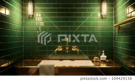 Fragment of a stylish classic luxury bathroom. Green tiled walls brick imitation, white golden color top with integrated sink, gold color old fashioned faucet, wall lamps. 3D rendering. Fragment of a stylish classic luxury bathroom. Green tiled walls brick imitation, white golden color top with integrated sink, gold color old fashioned faucet, wall lamps. 3D rendering. 104429138