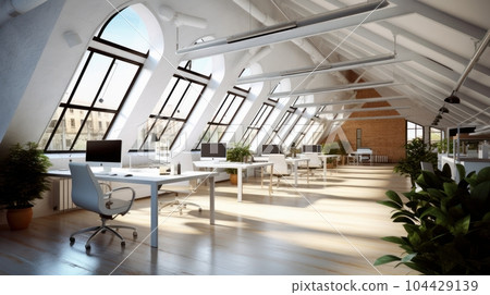Loft style open space eco-office in a modern building. Ceiling with skylights, large tables with chairs, desktop computers, plants in floor pots. Comfortable working environment. 3D rendering. Loft style open space eco-office in a modern building. Ceiling with skylights, large tables with chairs, desktop computers, plants in floor pots. Comfortable working environment. 3D rendering. 104429139