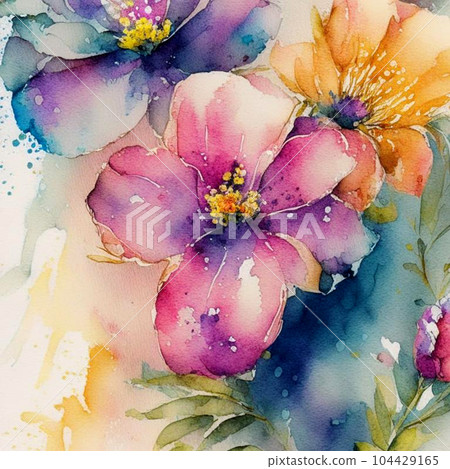 Teal, orange and pink watercolor flowers with stems and leaves. Watercolor art background. 104429165