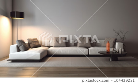 Front view of a modern minimalist monochrome living room. Empty walls, comfortable sofa with pillows, coffee table, trendy floor lamp, carpet, home decor. Mockup, 3D rendering. 104429251