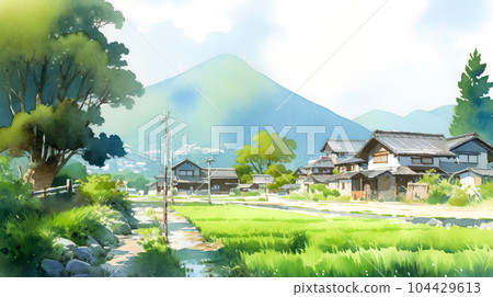 懷舊的日本鄉村風景水彩插畫“AI生成圖像” 104429613