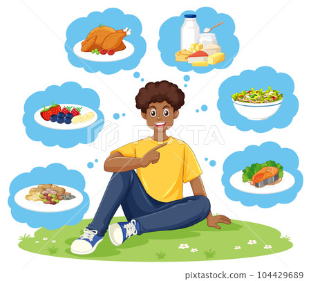 Male teen thinking about eating healthy fod Male teen thinking about eating healthy fod 104429689