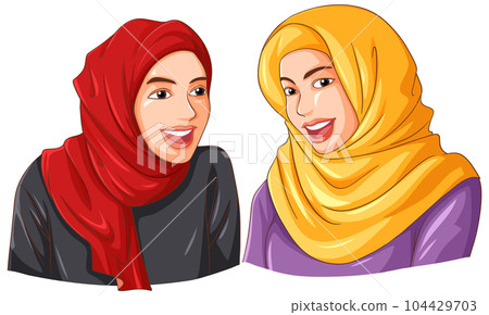 Happy muslim woman wearing hijab friends Happy muslim woman wearing hijab friends 104429703