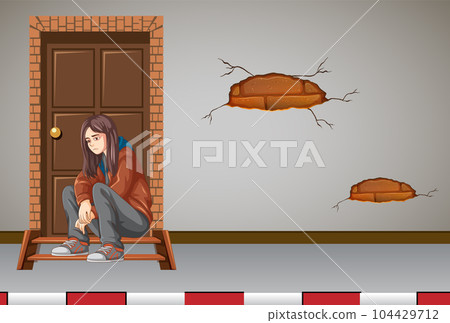 Female youth with sad face sitting in front of house doorstep Female youth with sad face sitting in front of house doorstep 104429712
