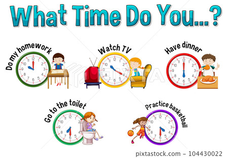 Daily routine with time and cartoon characters Daily routine with time and cartoon characters 104430022