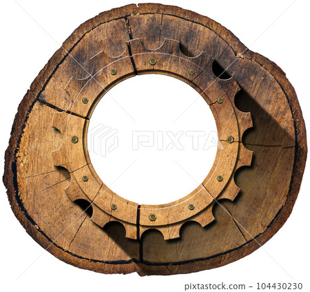 Wooden Cogwheel or Gear on Cross Section of a Tree Trunk 104430230
