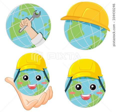 Cartoon earth globes wearing hard hat 104430246