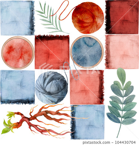 Hand drawn watercolor indigo, madder root natural plant dye, hobby materials handmade fabric. Illustration isolated seamless pattern white background. Shop logo, print, website, business card, booklet Hand drawn watercolor indigo, madder root natural plant dye, hobby materials handmade fabric. Illustration isolated seamless pattern white background. Shop logo, print, website, business card, booklet 104430704