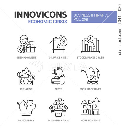 Economic crisis and market crash - line design style icons set 104431026