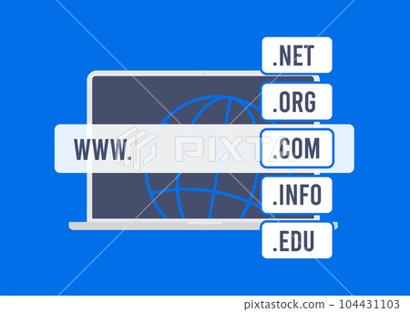 Register Domain Name - search and buy available website domain names. Optimize SEO and search ranking with right name and extension. Vector illustration with laptop and search bar Register Domain Name - search and buy available website domain names. Optimize SEO and search ranking with right name and extension. Vector illustration with laptop and search bar 104431103