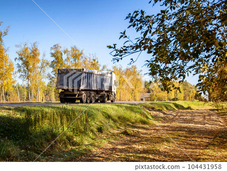 A truck with a semi-trailer transports bulk cargo grain in a special semi-trailer in autumn. Cargo transportation on country roads. Copy space for text A truck with a semi-trailer transports bulk cargo grain in a special semi-trailer in autumn. Cargo transportation on country roads. Copy space for text 104431958