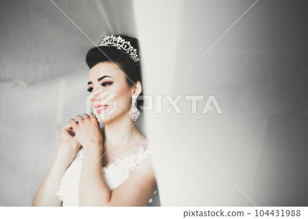 Luxury bride in white dress posing while preparing for the wedding ceremony 104431988