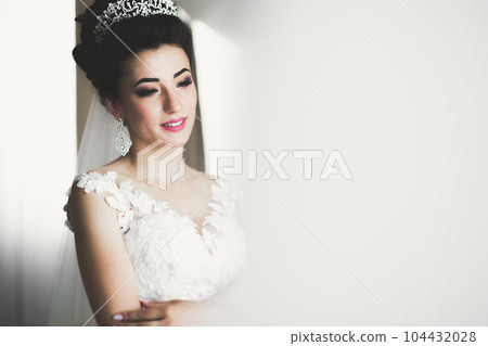 Gorgeous bride in robe posing and preparing for the wedding ceremony face in a room Gorgeous bride in robe posing and preparing for the wedding ceremony face in a room 104432028