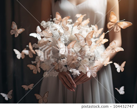 Close up photo of woman hands holding an elegant bridal bouquet with real flowers and decorated with silk butterflies. Generative AI 104432747
