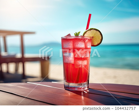 Red iced tasty cape cod sea breeze cocktail mocktail on bar deck with seashore view in the background. Generative AI 104432757
