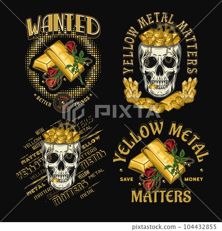 Set of labels with gold ingots, human skull like cup full of treasure, roses, text. Concept of savings, wealth. Vintage vector illustration on black background. 104432855