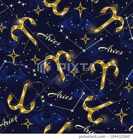 Seamless pattern with golden icon of zodiac sign Aries, constellation with stars, text, third eye, all seeing eye on dark blue background. For prints, clothing, t shirt, surface design. Vintage style 104432860
