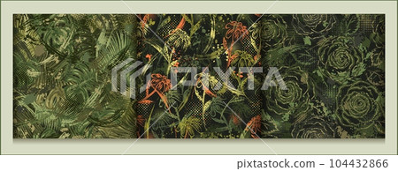 Set of green camouflage seamless patterns with roses, tropical foliage, chamomiles. Dense composition with random overlapping elements. Good for t-shirt design, apparel, fabric, textile, sport goods 104432866