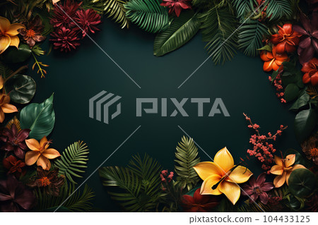 Empty space surrounded by leaves and flowers. Environment concept. Illustration, Generative AI. 104433125