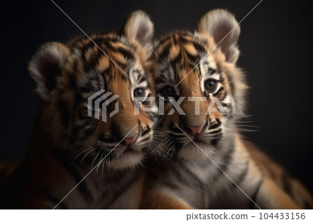 Image of two baby tigers cubs cuddle together. Wildlife Animals. Illustration, Generative AI. 104433156