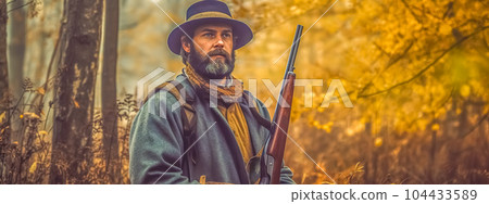 hunter with a gun in the forest, banner made with Generative AI 104433589