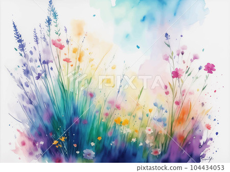 Watercolor Meadow with Colorful Flower Illustration. Summer Flower Field with Paint Splash on Light Background. Vintage Aquarelle Wallpaper Design for Banner, Poster, Invitation or Greeting Card. Watercolor Meadow with Colorful Flower Illustration. Summer Flower Field with Paint Splash on Light Background. Vintage Aquarelle Wallpaper Design for Banner, Poster, Invitation or Greeting Card. 104434053