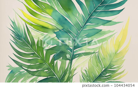 Watercolor Nature Pattern with Botanical Green Leaf on White Background. Aquarelle Wallpaper Design for Banner, Poster, Invitation or Greeting Card. 104434054