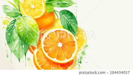 Watercolor Ripe Orange Fruit Illustration with Green Leaves and Colorful Paint Splash Isolated on White Background. Aquarelle Wallpaper Design for Banner, Poster, Invitation, Menu or Card. Watercolor Ripe Orange Fruit Illustration with Green Leaves and Colorful Paint Splash Isolated on White Background. Aquarelle Wallpaper Design for Banner, Poster, Invitation, Menu or Card. 104434057