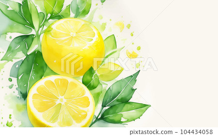 Watercolor Ripe Lemon Fruit Illustration with Green Leaves and Colorful Paint Splash Isolated on White Background. Aquarelle Wallpaper Design for Banner, Poster, Invitation, Menu or Card. Watercolor Ripe Lemon Fruit Illustration with Green Leaves and Colorful Paint Splash Isolated on White Background. Aquarelle Wallpaper Design for Banner, Poster, Invitation, Menu or Card. 104434058