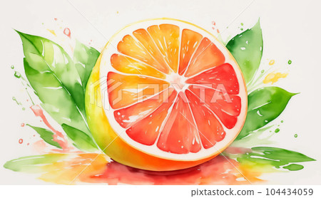 Watercolor Ripe Grapefruit Fruit Illustration with Green Leaves and Colorful Paint Splash Isolated on White Background. Aquarelle Wallpaper Design for Banner, Poster, Invitation, Menu or Card. Watercolor Ripe Grapefruit Fruit Illustration with Green Leaves and Colorful Paint Splash Isolated on White Background. Aquarelle Wallpaper Design for Banner, Poster, Invitation, Menu or Card. 104434059